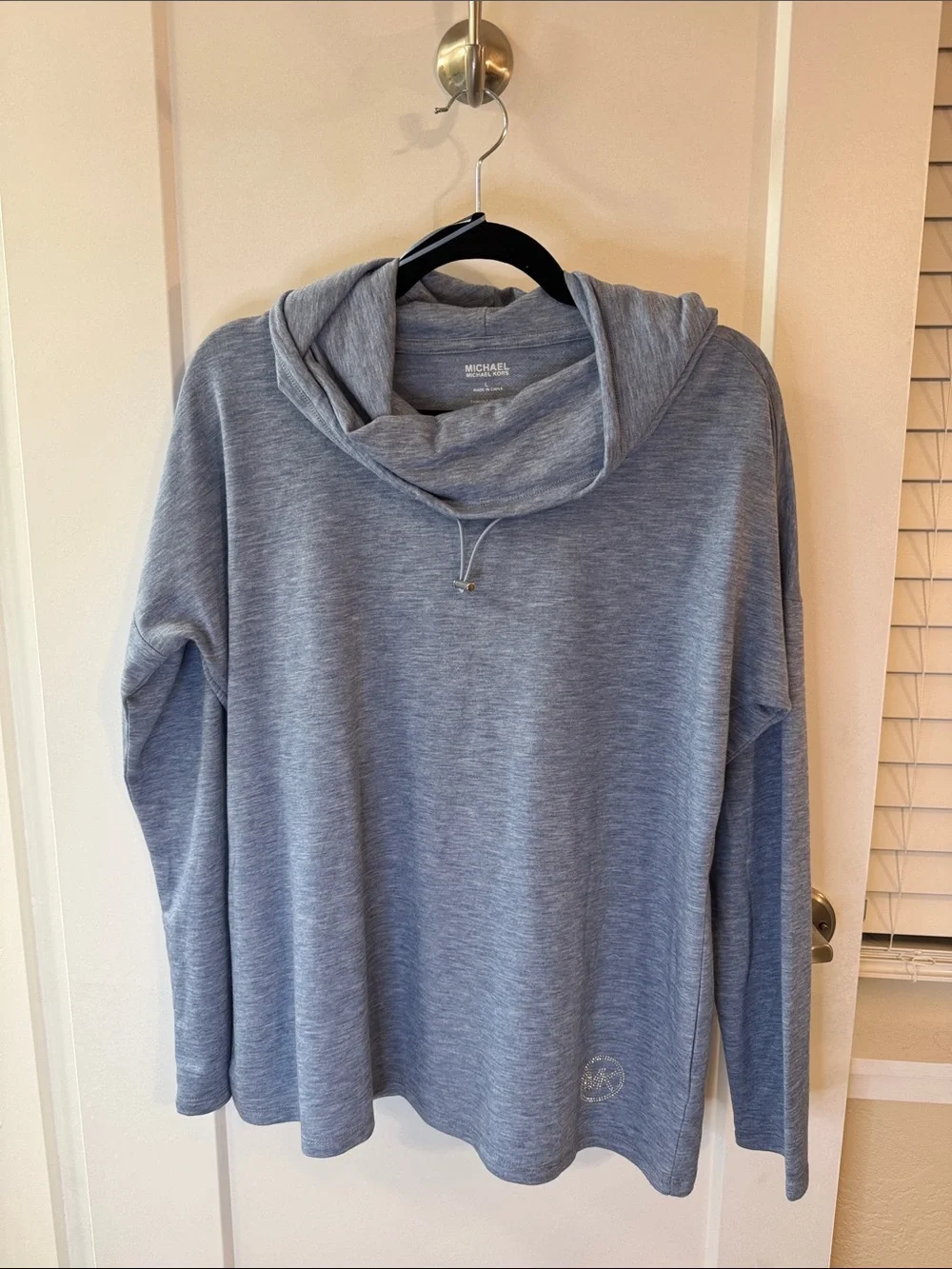 Michael Kors Heather Blue Cowl Neck Pullover Sweater Rhinestone Logo Size L